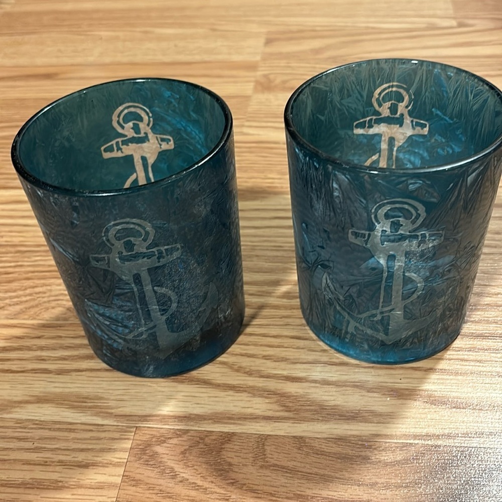 5 inch tall anchor tea light holder- costal Votive Holders set of 2- Glass- blue